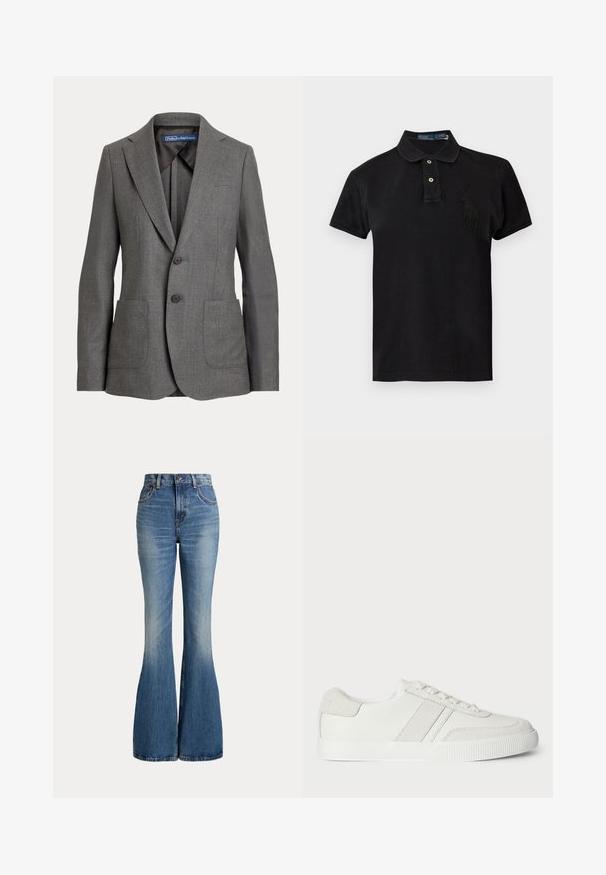 Sivý prešívaný blazer s klopami, dvoma prednými vreckami, dvojitým zapínaním na gombíky a označením vnútorného goliera.; Čierna polokošeľa s krátkym rukávom, dvoma gombíkmi a veľkým čiernym vyšívaným logom hráča póla na ľavej strane hrude.; Modré rifle s vysokým pásom s rozšírenými nohavicami a miernym vyblednutím v prednej oblasti stehna, zobrazené na bielom pozadí.; Biele tenisky so hladkým koženým zvrškom, semišovými akcentmi a plochými šnúrkami. Majú textúrovanú gumovú podrážku a minimalistický dizajn.