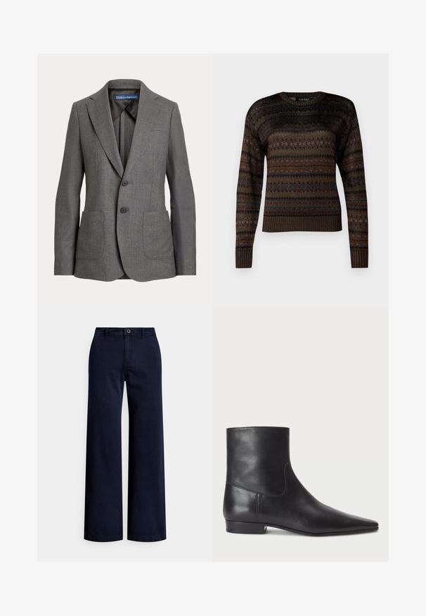 Grå skræddersyet blazer med klapkraver, to frontlommer, to-knaps lukning og mærkeetiket i kraven.; Brun strikket sweater med rund halsudskæring, lange ærmer og strukturerede striber med flerfarvede accenter.; Navyblå bukser med vide ben lavet af bomuld, med knaplukning foran, bæltestropper og en glat, tekstureret overflade.; Polo Ralph Lauren CALFSKIN ANKLE BOOT - Støvletter - black