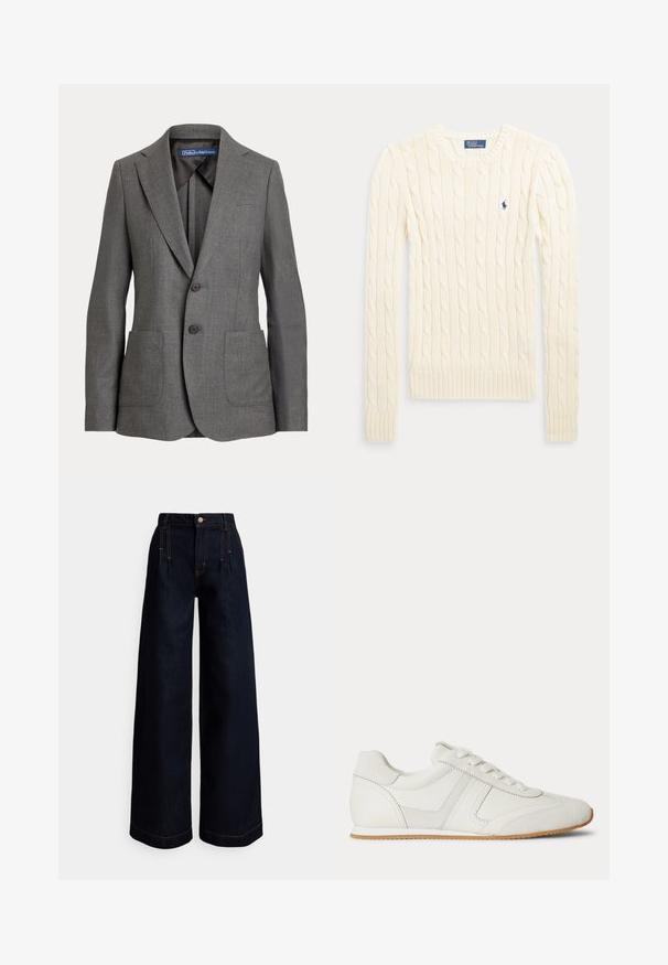 Sivý prešívaný blazer s klopami, dvoma prednými vreckami, dvojitým zapínaním na gombíky a označením vnútorného goliera.; Krémeľavý sveter s dlhým rukávom a copánkovým vzorom s okrúhlym výstrihom a malým tmavomodrým vyšívaným logom na hrudi.; Široké rifle z tmavého denimu s vysokým pásom, prednými záhybmi, kontrastným oranžovým prešitím a zapínaním na gombík v páse.; Biela nízka teniska so šnurovaním vpredu, zsemišovými a koženými panelmi a svetlohnedou gumovou podrážkou na bielom pozadí.