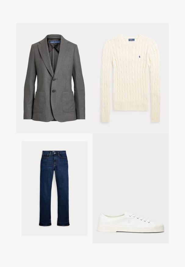 Sivý prešívaný blazer s klopami, dvoma prednými vreckami, dvojitým zapínaním na gombíky a označením vnútorného goliera.; Krémeľavý sveter s dlhým rukávom a copánkovým vzorom s okrúhlym výstrihom a malým tmavomodrým vyšívaným logom na hrudi.; Tmavomodré rifle s rovnými nohavicami, predným gombíkom a zipsom, päťvreckový dizajn a viditeľné detaily prešívania.; Biele plátěné tenisky s okrúhlou špičkou, viazaním na šnúrky a diskrétnym logom. Majú štruktúrovanú textíliu a gumovú podrážku.