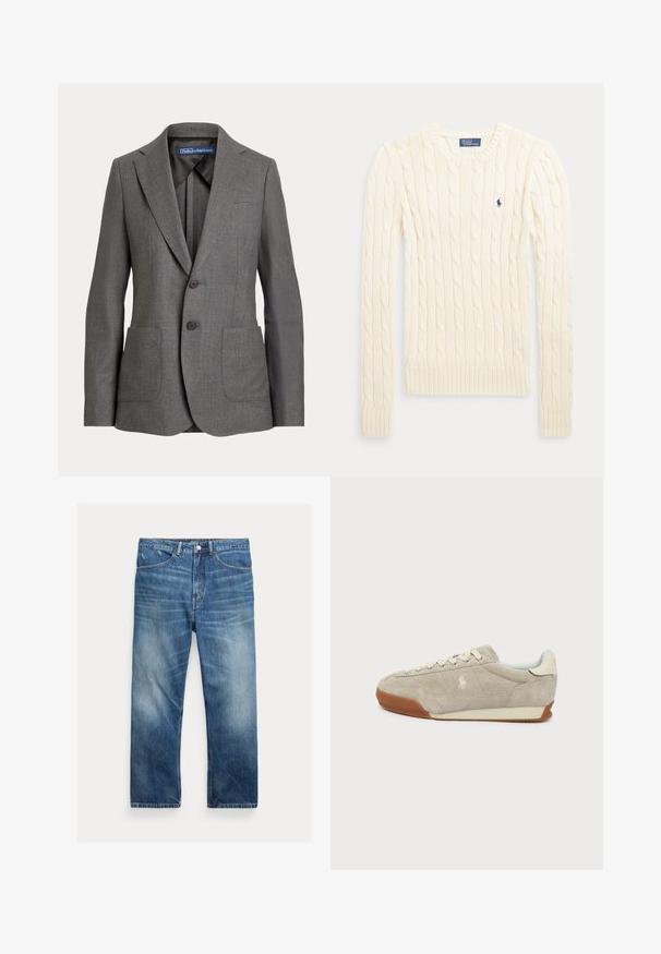Blazer gris ajustado con solapas de muesca, dos bolsillos frontales de parche, cierre de dos botones y etiqueta de marca en el cuello interior.; Jersey de punto trenzado crema de manga larga con cuello redondo y pequeño logo bordado en azul oscuro en el pecho.; Vaqueros de denim azul lavado con corte de pierna recta, bolsillos delanteros, trabillas para cinturón y detalles descoloridos en los muslos y las rodillas.; Zapatilla baja de ante beige con cordones blancos, suela de goma marrón y un pequeño logo bordado en el lateral.