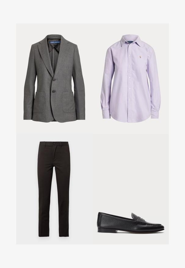 Grå skræddersyet blazer med klapkraver, to frontlommer, to-knaps lukning og mærkeetiket i kraven.; Lyse lilla langærmet skjorte med knapper, krave og lille broderet logo på venstre bryst.; Sorte, lige bukser lavet af en glat bomuldsblanding; har en forreste knap, lynlås og to sidelommer. Ren, minimalistisk design.; Sorte læder loafers med struktureret finish, der har en dekorativ rem og flad hæl. Slank, minimalistisk design med rund tå.