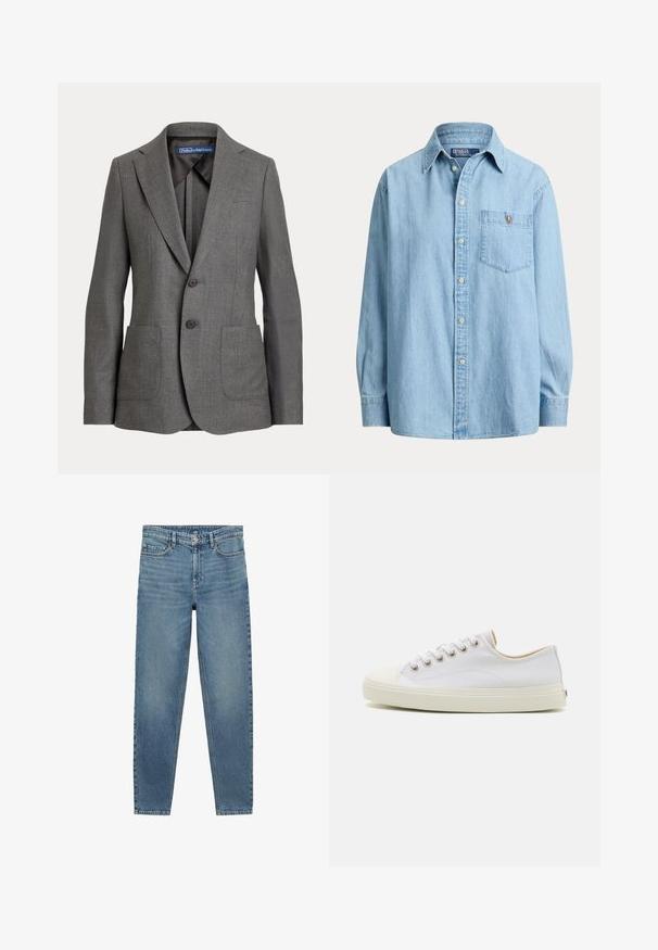 Grå skræddersyet blazer med klapkraver, to frontlommer, to-knaps lukning og mærkeetiket i kraven.; Lyseblå langærmet denimskjorte med knapper foran og brystlomme med en lille broderet logo på lommen.; Denim jeans i lyseblå, med lige snit, fem-lomme design og en let falmet tekstur. Klassisk knap- og lynlås lukning.; Læder sneakers i hvid med rund tå, snørebånd foran og cremefarvet gummisål. Har metaløjer og syet detaljer.