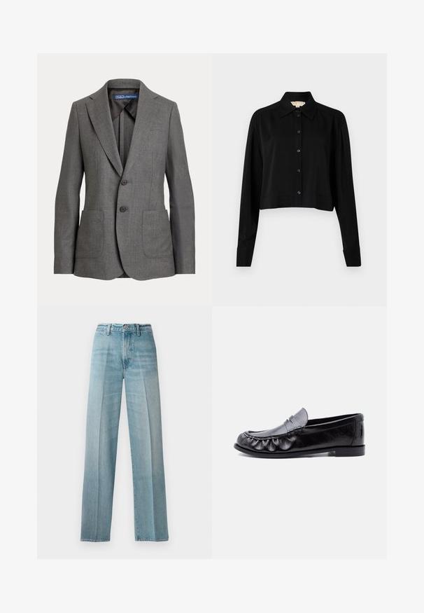 Sivý prešívaný blazer s klopami, dvoma prednými vreckami, dvojitým zapínaním na gombíky a označením vnútorného goliera.; Čierna skrátená košeľa s dlhými rukávmi, špicatým golierom a zapínaním na gombíky. Vyrobená z hladkej látky s voľným strihom a manžetovými rukávmi.; Svetlomodré denimové nohavice s vysokým pásom, rovnými nohavicami, jemným vyblednutím, meďou klincami a klasikou gombíkovým zapínaním vpredu.; Čierna kožená pánska mokasína s penny pásikom a detailným prešitím pozdĺž zaoblenej špičky, plochou podrážkou a nízkym podpätkom.
