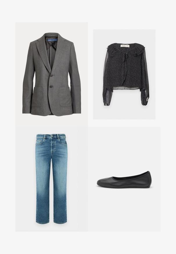 Grijs op maat gemaakte blazer met notch revers, twee voorzakken, knoopsluiting met twee knopen en een merklabel aan de binnenkant van de kraag.; Zwarte doorschijnende blouse met witte stippen, lange pofmouwen, gerimpelde kraag en strik bij de halslijn, plat weergegeven op een witte achtergrond.; Blauwe rechtlopende denim jeans met knoop- en ritssluiting, voor- en achterzakken en subtiele verweerde details.; Zwarte leren ballerina met een ronde neus, gladde textuur, minimale stikdetails en een flexibele zoolontwerp.