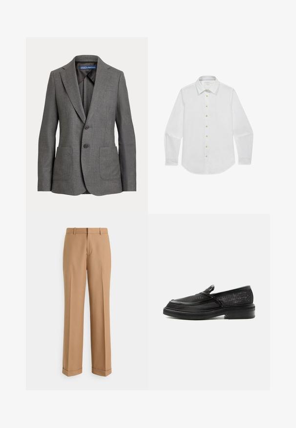 Grau maßgeschneiderter Blazer mit Reverskragen, zwei vorderen aufgesetzten Taschen, Zwei-Knopf-Verschluss und etikettiertem Innenkragen.; Weißes langärmeliges Hemd mit Knopfleiste, spitzem Kragen und sieben beigen Knöpfen, flach auf weißem Hintergrund ausgelegt.; Beige, maßgeschneiderte Hose aus glattem Stoff, mit geradem Bein, Bügelfalten und einem umgeschlagenen Saum für einen gepflegten Look.; Schwarzer Slip-on-Loafer mit strukturiertem Lederobermaterial und dicker Sohle, im Profil auf weißem Hintergrund dargestellt.