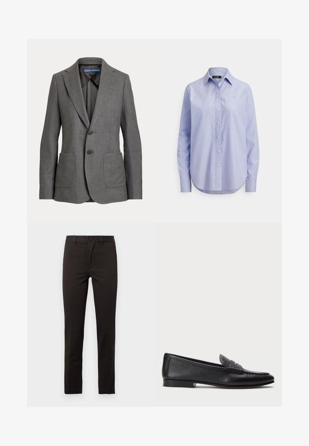 Grau maßgeschneiderter Blazer mit Reverskragen, zwei vorderen aufgesetzten Taschen, Zwei-Knopf-Verschluss und etikettiertem Innenkragen.; Hellblaues, langärmliges Hemd zum Knöpfen, mit klassischem Kragen, glattem Stoff, abgerundetem Saum und kleinem Logo, das auf der Brust bestickt ist.; Schwarze, gerade geschnittene Hose aus einem glatten Baumwollmischgewebe; mit vorderem Knopf, Reißverschluss und zwei seitlichen Taschen. Sauberes, minimalistisches Design.; Schwarze Lederloafers mit strukturiertem Finish, ausgestattet mit einem dekorativen Riemen und flachem Absatz. Schlankes, minimales Design mit abgerundeter Spitze.