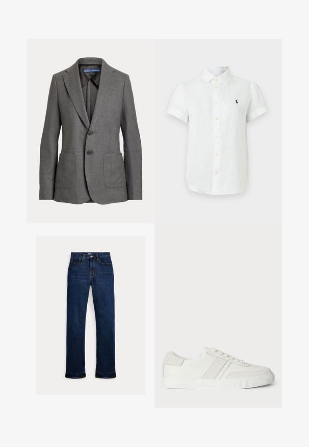 Grau maßgeschneiderter Blazer mit Reverskragen, zwei vorderen aufgesetzten Taschen, Zwei-Knopf-Verschluss und etikettiertem Innenkragen.; Weißes Kurzarmhemd mit Knopfleiste und Kragen, mit kleinem dunklem Logo auf der linken Brust, auf hellem einfarbigen Hintergrund dargestellt.; Dunkelblaue Straight-Leg-Denim-Jeans mit Frontknopf und Reißverschluss, Fünf-Taschen-Design und sichtbaren Nähten.; Weiße Sneaker mit einem Obermaterial aus glattem Leder, Wildlederakzenten und flachen Schnürsenkeln. Verfügt über eine strukturierte Gummisohle und ein minimalistisches Design.