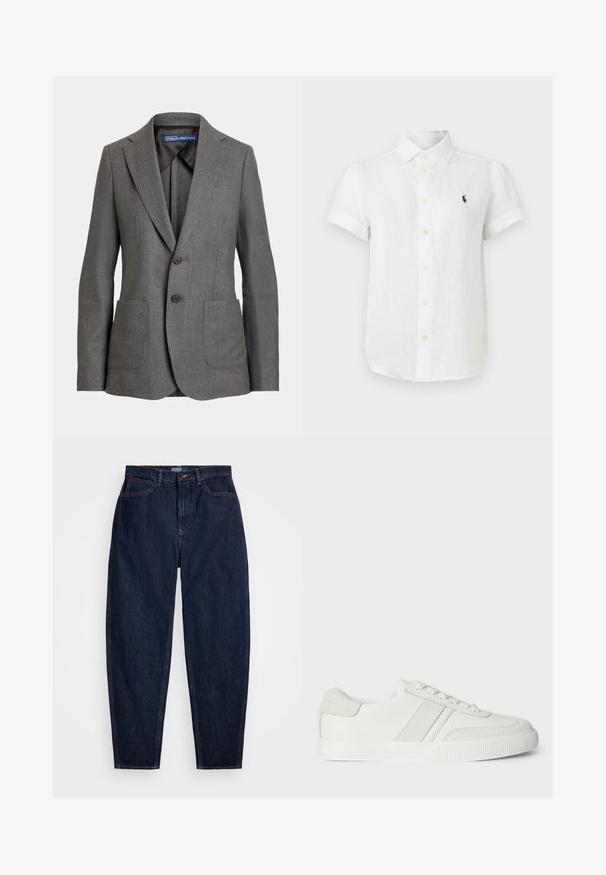 Blazer gris ajustado con solapas de muesca, dos bolsillos frontales de parche, cierre de dos botones y etiqueta de marca en el cuello interior.; Camisa blanca de manga corta con botones, cuello y pequeño logo oscuro en el lado izquierdo del pecho, mostrada sobre un fondo claro y liso.; Vaqueros de denim azul oscuro con un corte recto, que presentan costuras naranjas, un cierre frontal con botón y cinco bolsillos.; Zapatilla blanca con parte superior de cuero liso, acentos de ante y cordones planos. Presenta una suela de goma texturizada y un diseño minimalista.
