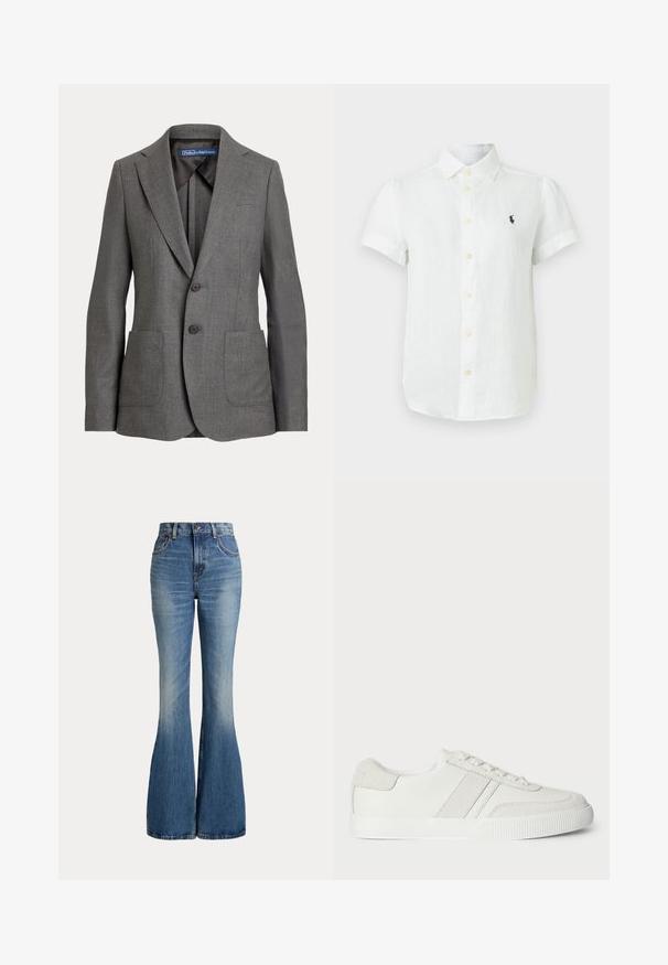 Grå skræddersyet blazer med klapkraver, to frontlommer, to-knaps lukning og mærkeetiket i kraven.; Hvid kortærmet skjorte med knapper og krave samt lille mørkt logo på venstre bryst, vist på en ensfarvet lys baggrund.; Højtaljede blå jeans i denim med klokkeformede ben og let falmet område foran på låret, vist mod hvid baggrund.; Hvid sneakers med en glat læderoverdel, suedet detaljer og flade snørebånd. Har en tekstureret gummisål og et minimalistisk design.