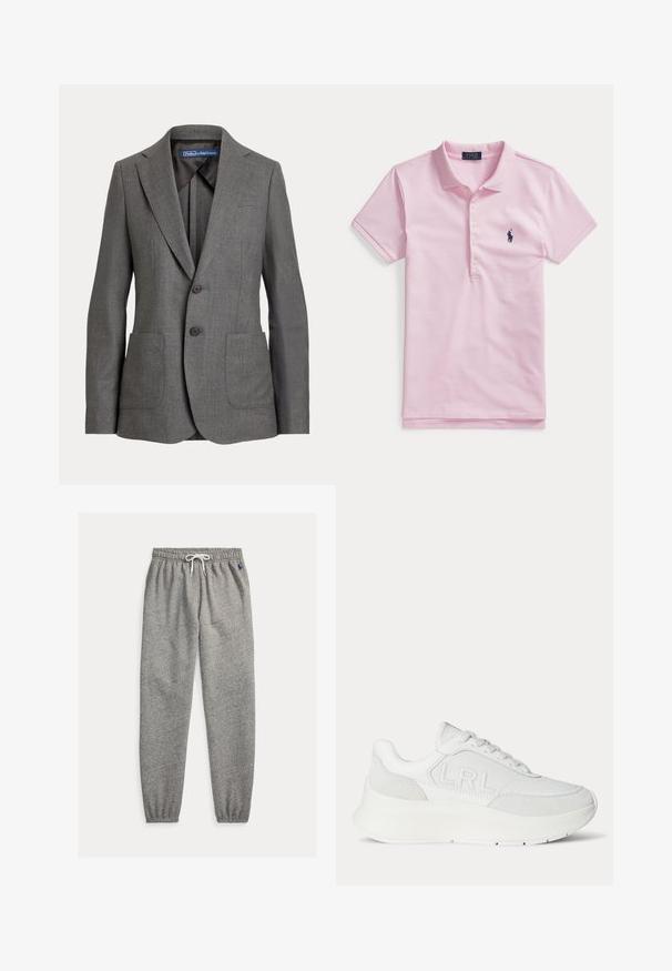 Blazer gris ajustado con solapas de muesca, dos bolsillos frontales de parche, cierre de dos botones y etiqueta de marca en el cuello interior.; Polo de manga corta de color rosa claro con cuatro botones y logo bordado en azul marino en el pecho izquierdo.; Pantalones deportivos grises hechos de una suave mezcla de algodón, con cintura elástica con cordón y puños ajustados, con un pequeño logo como detalle.; Zapatilla blanca de cuero con suela gruesa y "LRL" grabado en el lateral, con cordones y detalles de ante en el talón y la puntera.