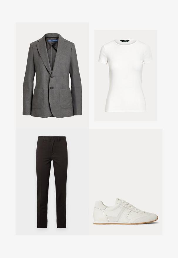 Sivý prešívaný blazer s klopami, dvoma prednými vreckami, dvojitým zapínaním na gombíky a označením vnútorného goliera.; Jednoduché biele priliehavé tričko s krátkym rukávom a okrúhlym výstrihom, s nálepkou Lauren Ralph Lauren vo vnútri goliera.; Čierne nohavice s rovnými nohavicami vyrobené z hladkej bavlnenej zmesi; majú predné zapínanie na gombík, zips a dve bočné vrecká. Čistý, minimalistický dizajn.; Biela nízka teniska so šnurovaním vpredu, zsemišovými a koženými panelmi a svetlohnedou gumovou podrážkou na bielom pozadí.