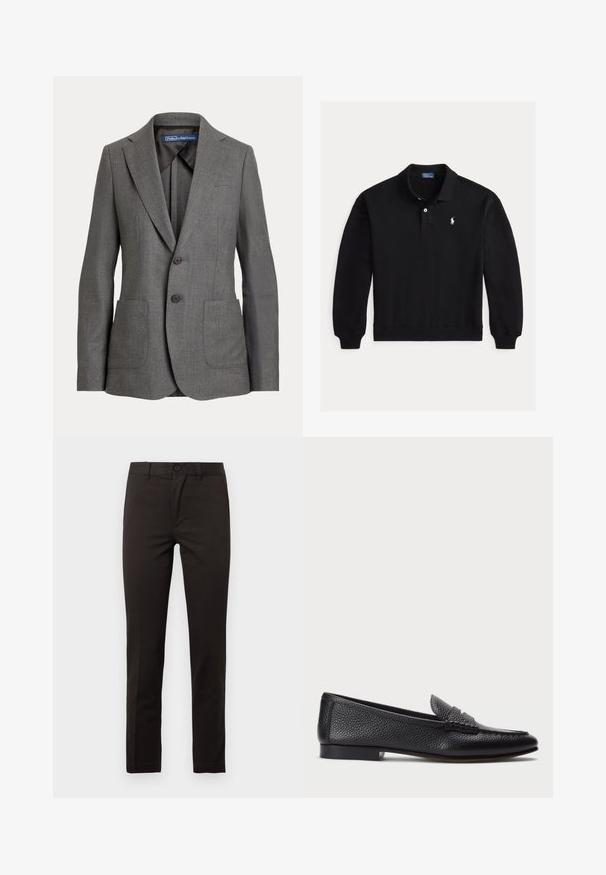 Sivý prešívaný blazer s klopami, dvoma prednými vreckami, dvojitým zapínaním na gombíky a označením vnútorného goliera.; Čierne polo s dlhým rukávom, rebrovanými manžetami, dvoma gombíkmi na prednom diely a malým bielym vyšívaným logom na ľavej strane hrude.; Čierne nohavice s rovnými nohavicami vyrobené z hladkej bavlnenej zmesi; majú predné zapínanie na gombík, zips a dve bočné vrecká. Čistý, minimalistický dizajn.; Čierne kožené loafers s textúrovaným povrchom, vybavené dekoratívnym pásikom a plochým podpätkom. Elegatný, minimalistický dizajn s okrúhlou špičkou.