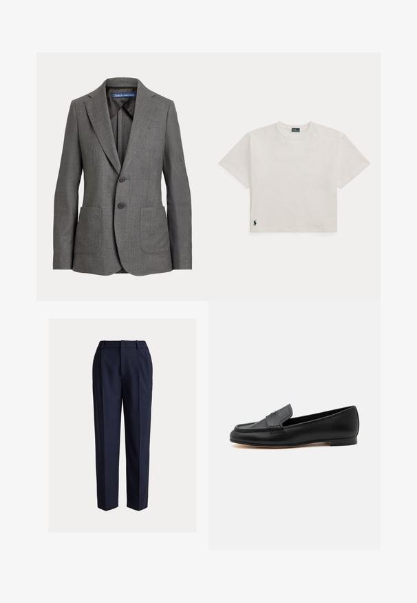 Grau maßgeschneiderter Blazer mit Reverskragen, zwei vorderen aufgesetzten Taschen, Zwei-Knopf-Verschluss und etikettiertem Innenkragen.; Weißes T-Shirt mit kurzen Ärmeln und Rundhalsausschnitt mit einem kleinen dunklen gestickten Logo nahe dem unteren Saum auf einfachem Hintergrund.; Marineblaue, maßgeschneiderte Hose mit geradem Bein, glatter Textur, vorne mit Falten und Gürtelschlaufen. Keine sichtbaren Taschen.; Schwarzer Lederloafer mit niedrigem Absatz, genähten Details und einem kleinen Metallakzent auf dem oberen Spann.
