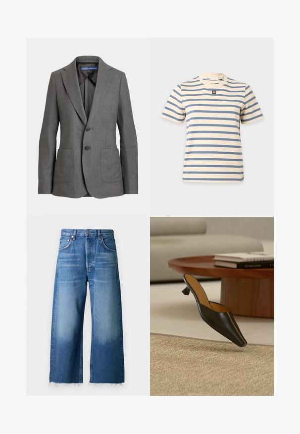 Grau maßgeschneiderter Blazer mit Reverskragen, zwei vorderen aufgesetzten Taschen, Zwei-Knopf-Verschluss und etikettiertem Innenkragen.; Kurzärmeliges cremefarbenes T-Shirt mit horizontalen blauen Streifen und einem kleinen schwarz-weißen quadratischen Logo in der Mitte der Brust.; Hellblaue Denim-Hosenträger in weit geschnittenem Stil mit fransigem Saum, ausgestattet mit fünf Taschen und einem Knopfverschluss an der Taille.; Schwarze Leder-Mule mit niedrigem geometrischem Absatz auf einem beigen Teppich, nahe einem runden Holzcouchtisch mit gestapelten Büchern.
