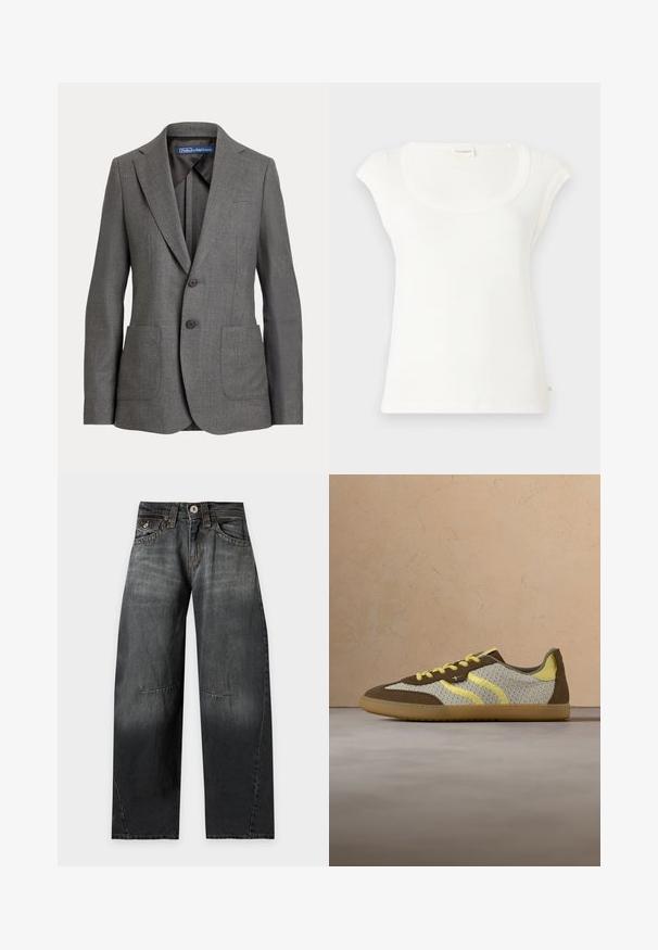 Sivý prešívaný blazer s klopami, dvoma prednými vreckami, dvojitým zapínaním na gombíky a označením vnútorného goliera.; Biela tričko s krátkym rukávom vyrobené z mäkkého bavlneného materiálu. Má okrúhly výstrih a voľný strih. Štítky sú pripevnené na zadnej strane.; Čierne džínsové nohavice s širokými nohavicami, zapínaním na gombíky, prednými a zadnými vreckami a viditeľnými švami na nohaviciach.; Hnedá a krémová teniska so žltými akcentmi, chrbát z sieťoviny, gumová podrážka a kontrastné pruhy po stranách, ktoré predstavujú moderný dizajn.