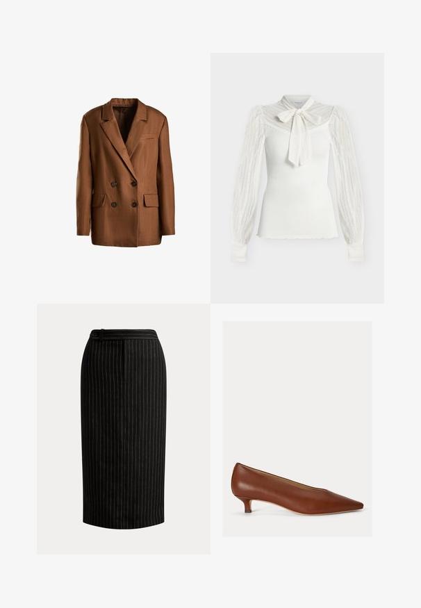 Blazer marron à double boutonnage en tissu texturé. Présente un revers cranté, deux poches avant et des boutons foncés.; Haut blanc à manches longues côtelé avec manches en dentelle, empiècement en dentelle et un grand noeud en dentelle noué au cou.; Jupe crayon noire longueur genou avec fines rayures verticales blanches et détail de ceinture boutonnée.; Chaussure en cuir marron à bout pointu, petit talon kitten bas, finition lisse et talon fin sur fond blanc.