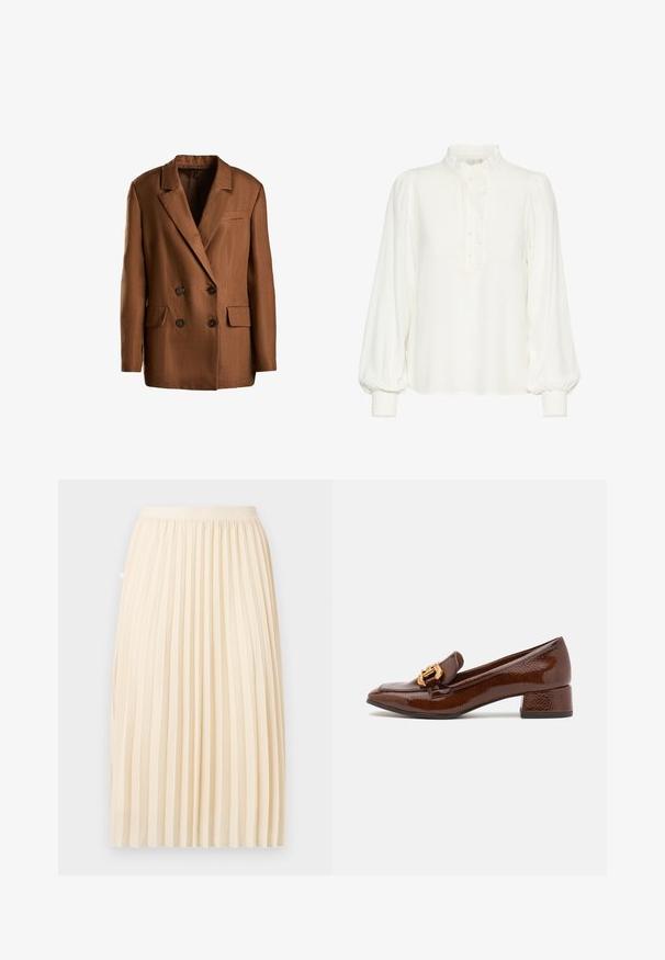 Bruine dubbel-geknoopte blazer van textuurstof. Voorzien van een gesneden revers, twee voorzakken en donkere knopen.; Witte blouse met een hoge gerimpelde kraag, sluiting met knopen aan de voorkant en lange mouwen met elastische manchetten. Gemaakt van lichtgewicht stof.; Roomkleurige geplooide midi-rok met een aansluitende tailleband, recht hangend tegen een effen achtergrond.; Bruine leren loafers met een glanzende afwerking, met een decoratieve gouden gesp aan de voorkant en een lage blokhak. Klassiek ontwerp.