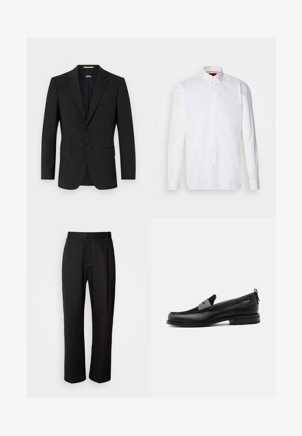 Zwarte blazer met een tailor-made ontwerp, twee knopen en inkepingen bij de revers. Bevat een enkele borstzak en twee voorzakken.; Witte overhemd met lange mouwen van katoen, met een klassieke kraag, een voorkant met knopen en een gladde textuur. Rode details aan de binnenkant van de kraag.; Zwarte broek met een rechte snit, gemaakt van lichtgewicht stof. Heeft een frontale knoopsluiting en twee zijzakken; gladde textuur.; Zwarte leren loafer met grijs riemdetailelement, lage hak en gestructureerde zool, aan de zijkant gebrandmerkt met "HUGO" in goud.