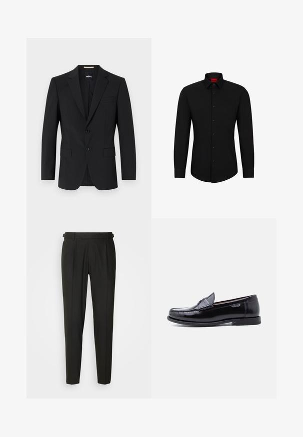 Zwarte blazer met een tailor-made ontwerp, twee knopen en inkepingen bij de revers. Bevat een enkele borstzak en twee voorzakken.; Zwarte blouse met lange mouwen, knoopsluiting aan de voorkant, klassieke kraag en ronde onderkant; voorzien van zwarte knopen en een rood logo binnenin de kraag.; Zwarte op maat gemaakte broeken met een vlakke voorkant, twee plooien, riemlusjes en een rechte pijpdesign. Gemaakt van een gladde, lichtgewicht stof.; Zwarte leren loafers met een glanzende afwerking, voorzien van een gestikt ontwerp op de neus en een lage, zwarte rubberen zool met structuur.