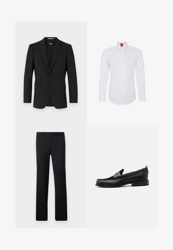 Sort blazer med en skrædderagtig design, to knapper og slagkraver. Inkluderer en enkelt brystlomme og to frontlommer.; Hvid langærmet skjorte med krave, der har en knappet front og blødt, glat stof. Ingen mønstre eller detaljer synlige.; Sorte skræddersyede bukser med et lige ben design, skarpe folder og en glat overflade. Fremstillet af letvægtsstof med en ren talje.; Sort læderloafer med grå remdetalje, lav hæl og tekstureret sål, mærket med "HUGO" i guld på siden.