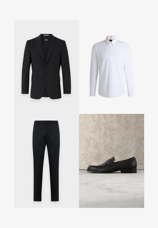 Schwarzer Blazer mit tailliertem Design, zwei Knöpfen und Reverskragen. Mit einer Brusttasche und zwei Fronttaschen.; Weißes Langarm-Hemd mit Knöpfen aus Baumwolle. Verfügt über einen Kragen, Vorderknöpfe und ein kleines Logo auf der Brust mit einem orangen Akzent am Kragen.; Schwarze maßgeschneiderte Herren-Anzughose mit Gürtelschlaufen, flachem Vorderteil und geraden Beinen auf weißem Hintergrund.; Schwarzer Leder-Slipper schwebt über einem beigen Teppich, im Hintergrund ein glänzender, runder brauner Tisch.