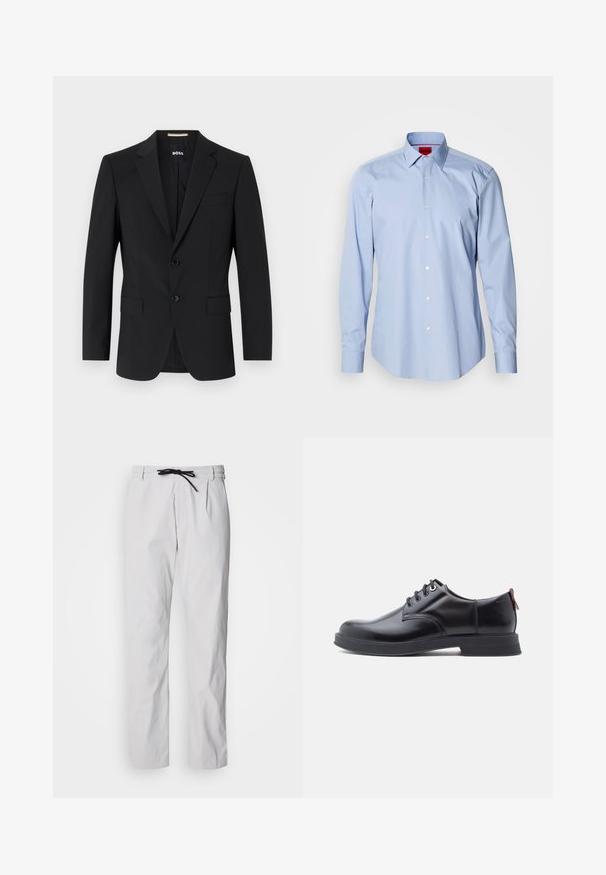 Blazer noir avec un design ajusté, deux boutons et des revers en pointe. Comprend une poche poitrine simple et deux poches avant.; Chemise bleu clair à manches longues en coton. Comprend un col boutonné, des boutons à l'avant et un ourlet droit. Étiquette HUGO à l'intérieur du col.; Pantalon fuselé en mélange de coton gris clair avec une taille à cordon de serrage. Dispose de plis à l'avant et de poches latérales pour plus de praticité.; Chaussures en cuir noir à lacets avec une texture lisse, un bout arrondi et des détails de couture discrets. Présentent une languette rouge à l'arrière.