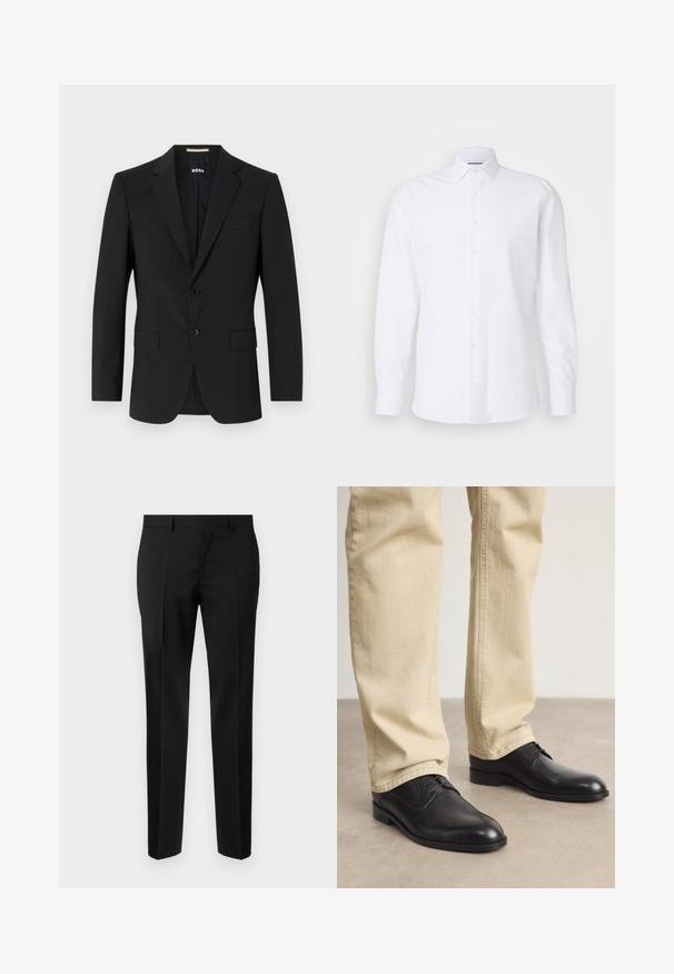 Zwarte blazer met een tailor-made ontwerp, twee knopen en inkepingen bij de revers. Bevat een enkele borstzak en twee voorzakken.; Witte lange mouwen button-up shirt gemaakt van gladde katoen. Bevat een klassieke kraag, een voorkant met knopen en een rechte zoom.; Zwarte op maat gemaakte broeken van een gladde stof, met een rechte pijp, verfijnde plooidetails en een klassieke tailleband met riemlussen.; Zwarte leren veterschoenen met een ronde neus, een gladde afwerking en subtiele stikdetails, gedragen met lichtbeige broeken.