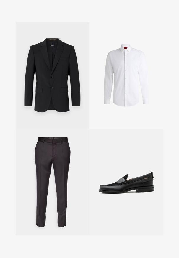 Blazer noir avec un design ajusté, deux boutons et des revers en pointe. Comprend une poche poitrine simple et deux poches avant.; Chemise blanche à manches longues en tissu lisse avec un col classique et un ourlet arrondi. Présente des boutons beiges à l'avant.; Pantalons noirs sur mesure avec une texture lisse, un design structuré et des plis à l'avant. Ils présentent une jambe droite et une taille ajustée.; Mocassin en cuir noir avec détail de bride grise, talon bas et semelle texturée, marqué "HUGO" en or sur le côté.