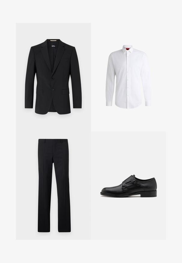 Schwarzer Blazer mit tailliertem Design, zwei Knöpfen und Reverskragen. Mit einer Brusttasche und zwei Fronttaschen.; Weißes Herrenhemd aus glattem Stoff mit klassischem Kragen, langen Ärmeln und abgerundetem Saum. Mit eleganten beigen Knöpfen an der Vorderseite.; Schwarze maßgeschneiderte Hose mit geradem Schnitt, scharfen Falten und glatter Oberfläche. Hergestellt aus leichtem Stoff mit einem sauberen Bund.; Schwarze Leder- Schnürschuhe mit doppelten Schnallen, schlanker Silhouette und runder Zehenpartie. Sie verfügen über einen niedrigen Absatz und eine glatte Textur.