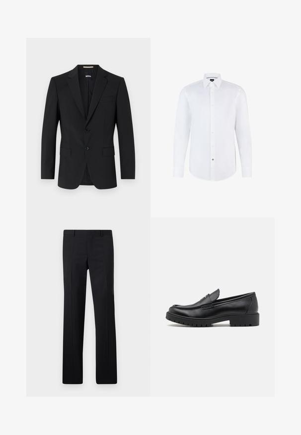 Blazer noir avec un design ajusté, deux boutons et des revers en pointe. Comprend une poche poitrine simple et deux poches avant.; Chemise blanche à manches longues en tissu lisse, avec une fermeture à boutons à l'avant, un col pointu et un ourlet arrondi. Accent notable d'un bouton de marque.; Pantalons noirs ajustés avec une coupe droite, des plis marqués et une finition lisse. Fabriqués en tissu léger avec une taille nette.; Mocassins en cuir noir avec un bout arrondi, un design à enfiler et une semelle en caoutchouc épaisse avec une texture antidérapante. Talon surélevé et détails de surpiqûre subtils.