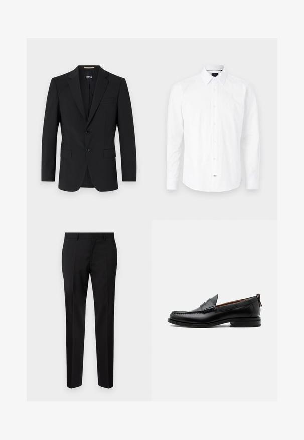 Zwarte blazer met een tailor-made ontwerp, twee knopen en inkepingen bij de revers. Bevat een enkele borstzak en twee voorzakken.; Witte longsleeve shirt van katoen. Bevat een knoopdown kraag, een knoopsluiting aan de voorkant met roze knopen en een gebogen zoom.; Zwarte op maat gemaakte broeken van een gladde stof, met een rechte pijp, verfijnde plooidetails en een klassieke tailleband met riemlussen.; Zwarte leren herensloffen met moc toe stiksel, pennyriem, gestructureerde kraag en lage gestapelde hak op witte achtergrond.