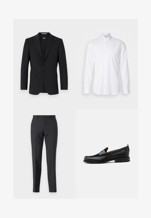 Schwarzer Blazer mit tailliertem Design, zwei Knöpfen und Reverskragen. Mit einer Brusttasche und zwei Fronttaschen.; Weißes Langarmhemd aus Baumwolle mit einem Button-Down-Kragen, Vorderknöpfen und einem leicht abgerundeten Saum. Glatte, schlichte Textur.; Dunkelgraue maßgeschneiderte Hose mit geradem Schnitt, verfügt über Seitentaschen und eine subtile Textur. Die Verschlüsse umfassen einen Reißverschluss und Gürtelschlaufen.; Schwarzer Lederloafer mit grauem Riemendetail, niedrigem Absatz und strukturierter Sohle, seitlich mit „HUGO“ in Gold gebrandmarkt.