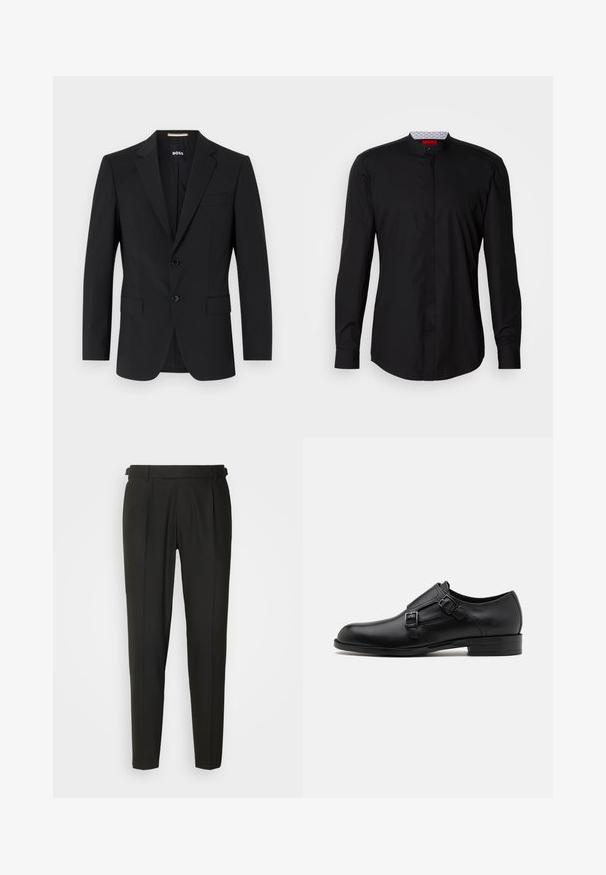 Blazer negro con un diseño ajustado, dos botones y solapas de pico. Incluye un bolsillo en el pecho y dos bolsillos frontales.; Camisa negra de manga larga con cuello mandarín, confeccionada en una tela suave, con cierre de botones en la parte delantera y detalles de diseño sutiles.; Pantalones negros ajustados con frontales lisos, dos pliegues, trabillas para cinturón y diseño de pierna recta. Fabricados con una tela suave y ligera.; Zapato de vestir de cuero negro con doble hebilla, silueta elegante y punta redonda. Cuenta con un tacón bajo y una textura suave.