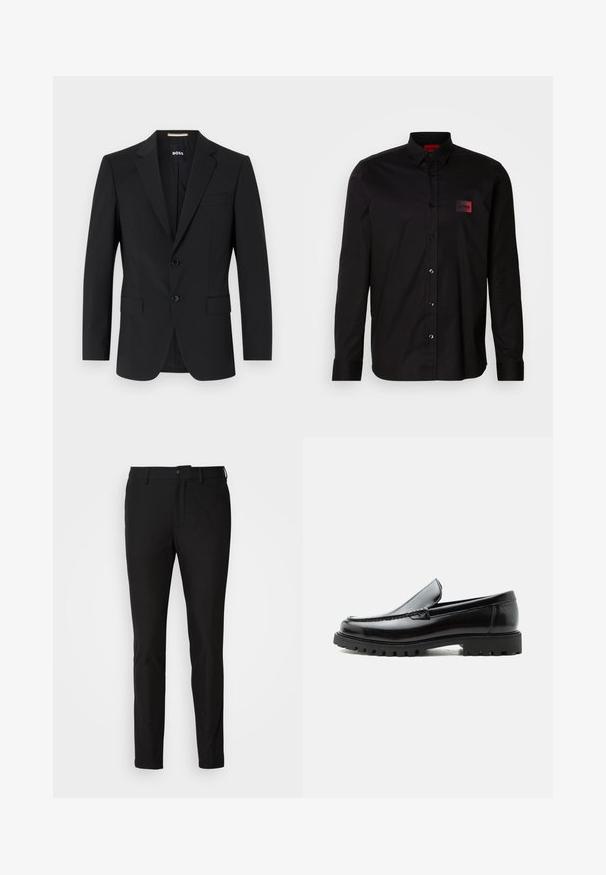 Schwarzer Blazer mit tailliertem Design, zwei Knöpfen und Reverskragen. Mit einer Brusttasche und zwei Fronttaschen.; Schwarzes Langarmshirt aus glattem Stoff, mit Knopfverschluss, klassischem Kragen und einem kleinen roten Markenpatch auf der Brust.; Schwarze Hosen mit Slim-Fit, ausgestattet mit einem Knopfverschluss, einem Reißverschluss und zwei frontalen Taschen. Glattes Material mit matter Oberfläche.; Schwarzer Lederloafer mit grober Gummisohle, genähter Oberseite und geprägtem Markennamen an der Ferse, seitlich auf weißem Hintergrund gezeigt.