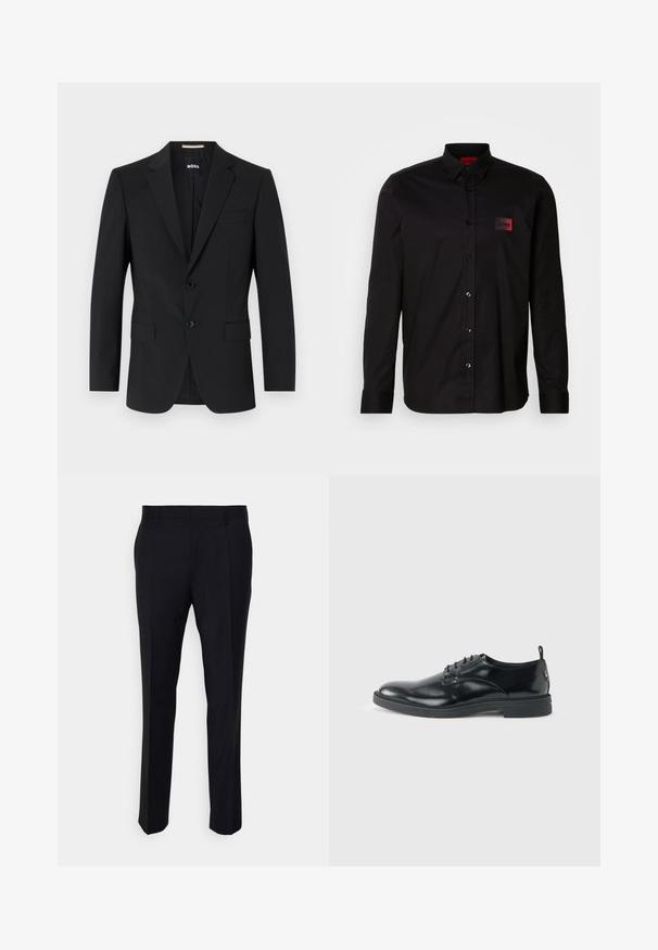 Schwarzer Blazer mit tailliertem Design, zwei Knöpfen und Reverskragen. Mit einer Brusttasche und zwei Fronttaschen.; Schwarzes Langarmshirt aus glattem Stoff, mit Knopfverschluss, klassischem Kragen und einem kleinen roten Markenpatch auf der Brust.; Schwarze Hose aus gewebtem Stoff, mit taillierter Passform, flachem Bund, seitlichen Taschen und geradem Bein.; Glänzender schwarzer Lederschuh mit niedrigem Absatz, Schnürverschluss und runder Kappe, seitlich auf hellem, schlichten Hintergrund gezeigt.
