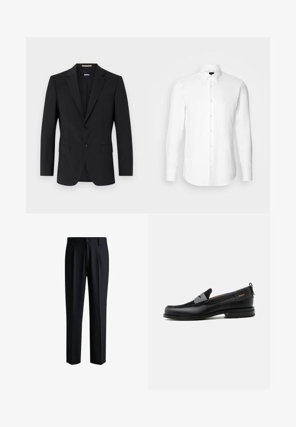 Schwarzer Blazer mit tailliertem Design, zwei Knöpfen und Reverskragen. Mit einer Brusttasche und zwei Fronttaschen.; Weißes Langarmhemd, vorne mit Knöpfen, klassischer Kragen, aus glattem Stoff mit feiner Textur, für eine figurnahe Passform entworfen.; Schwarze Hose aus glattem Stoff, mit geradem Bein-Design, Falten vorne und einem Knopfverschluss mit Gürtelschlaufen.; Schwarzer Lederloafer mit grauem Riemendetail, niedrigem Absatz und strukturierter Sohle, seitlich mit „HUGO“ in Gold gebrandmarkt.