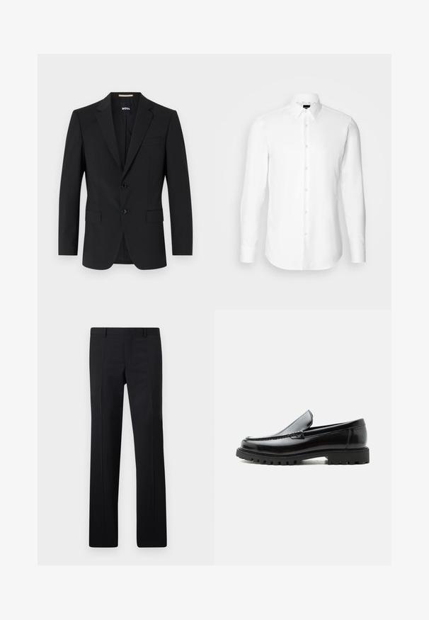Zwarte blazer met een tailor-made ontwerp, twee knopen en inkepingen bij de revers. Bevat een enkele borstzak en twee voorzakken.; Witte blouse met lange mouwen, knoopsluiting aan de voorkant, klassieke kraag, gemaakt van gladde stof met een subtiele textuur, ontworpen voor een aansluitende pasvorm.; Zwarte op maat gemaakte pantalon met een recht model, scherpe plooien en een gladde afwerking. Gemaakt van lichtgewicht stof met een strakke tailleband.; Zwarte leren loafer met dikke rubberen zool, gestikte bovenkant en gegraveerde merknaam op de hiel, zijaanzicht op witte achtergrond.
