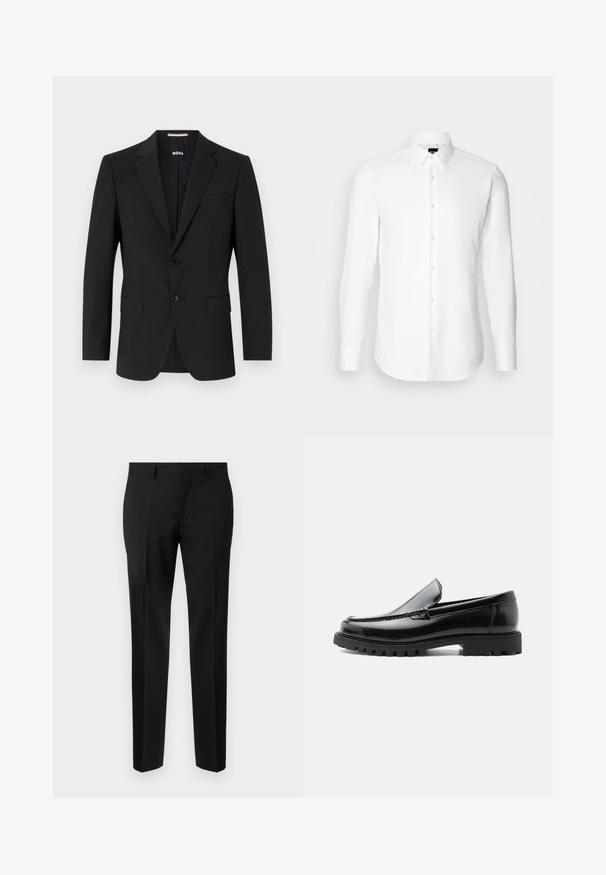 Sort blazer med en skrædderagtig design, to knapper og slagkraver. Inkluderer en enkelt brystlomme og to frontlommer.; Hvid skjorte med lange ærmer, knaplukning foran, klassisk krave, lavet af glat stof med en subtil tekstur, designet til et tætsiddende udseende.; Sorte skræddersyede bukser lavet af glat stof, med lige ben, raffinerede folder og en klassisk talje med bæltestropper.; Sort læderloafer med chunky gummisål, syet overdel og præget mærkenavn på hælen, vist i sideprofil på hvid baggrund.