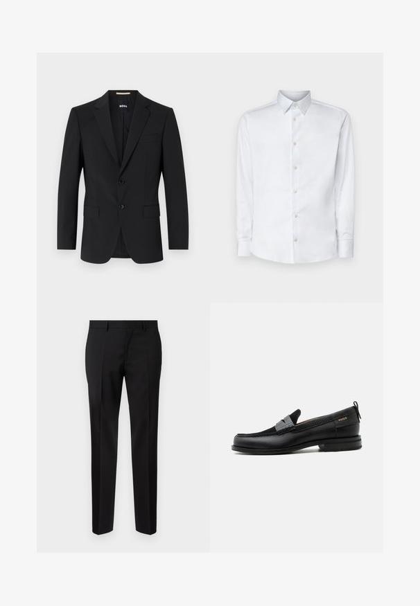 Schwarzer Blazer mit tailliertem Design, zwei Knöpfen und Reverskragen. Mit einer Brusttasche und zwei Fronttaschen.; Weißes Langarmhemd aus glattem Stoff, mit klassischem Kragen, Knopfleiste und Manschetten mit Knöpfen, vor einem einfarbigen Hintergrund präsentiert.; Schwarze maßgeschneiderte Hosen aus glattem Stoff, mit geradem Bein, feinen Bügelfalten und einem klassischen Bund mit Gürtelschlaufen.; Schwarzer Lederloafer mit grauem Riemendetail, niedrigem Absatz und strukturierter Sohle, seitlich mit „HUGO“ in Gold gebrandmarkt.