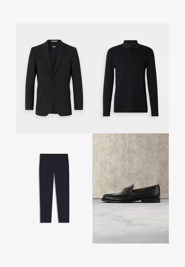 Blazer noir avec un design ajusté, deux boutons et des revers en pointe. Comprend une poche poitrine simple et deux poches avant.; Polo noir à manches longues en tissu lisse. Doté d'un col, d'une patte de boutonnage à trois boutons et d'un logo discret sur la poitrine.; Pantalon marine à coupe ajustée, avec deux poches avant, un design à plat et une texture lisse. Sans motifs ni ornements visibles.; Mocassin en cuir noir avec mors en métal doré et logo "HUGO", présenté sur un tapis beige et un meuble translucide marron.