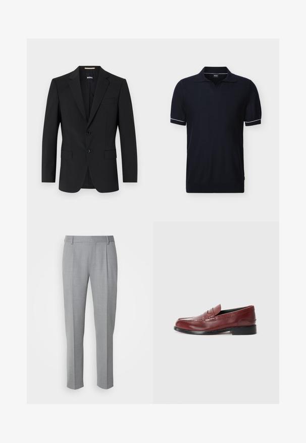 Blazer noir avec un design ajusté, deux boutons et des revers en pointe. Comprend une poche poitrine simple et deux poches avant.; Polo noir à manches courtes avec bordure blanche sur les poignets et col ouvert, présenté sur un fond clair uni.; Pantalons gris sur mesure avec une texture lisse, présentant un devant plat, des jambes droites et de légères pinces pour plus de détail.; Mocassin en cuir bordeaux avec une finition lisse, des coutures décoratives et un bout arrondi. Il présente un petit talon noir.