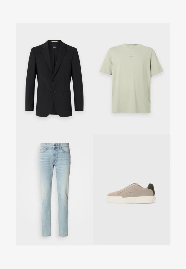 Schwarzer Blazer mit tailliertem Design, zwei Knöpfen und Reverskragen. Mit einer Brusttasche und zwei Fronttaschen.; Hellgrünes Baumwoll-T-Shirt mit Rundhalsausschnitt, kurzen Ärmeln und einem kleinen Calvin Klein-Logo in einer dunkleren Farbe, das auf der Brust gedruckt ist.; Helle blaue Jeans aus Denim, mit geradem Beinschnitt, mittelhoher Taille und dezentem Verblassen. Enthält fünf Taschen und einen Metallknopf.; Beige Wildledersneaker mit einer weißen Gummisohle, die einen dunkelgrünen Akzent an der Ferse und dezente Markenaufschrift an der Seite aufweisen.