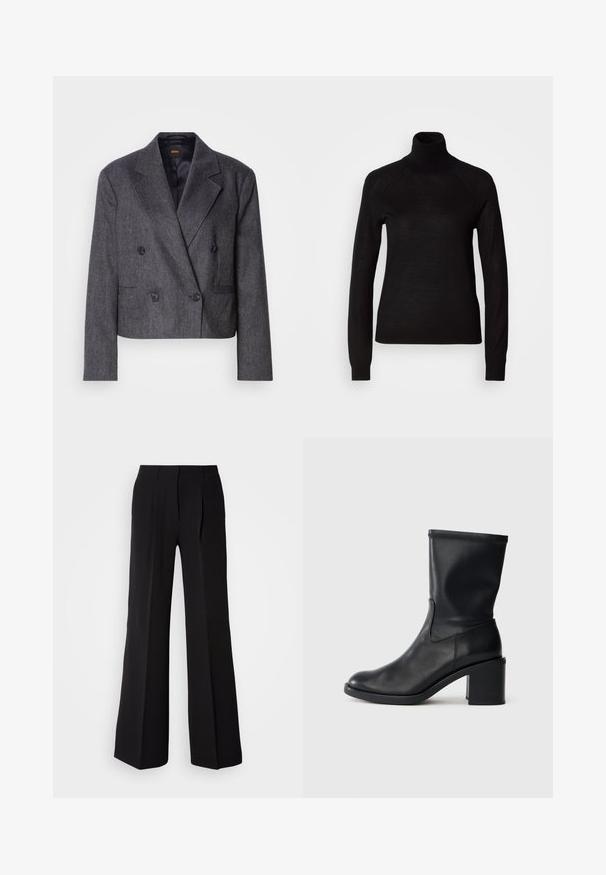 Blazer gris de doble botonadura con tejido texturizado, solapas de pico y dos bolsillos frontales. Presenta botones negros y un diseño cropped.; Suéter negro de cuello alto hecho de un tejido de punto ligero. Presenta mangas largas y una silueta ajustada con costuras raglán.; Pantalones negros de tejido suave, con cintura alta, silueta de pierna ancha y dos pliegues frontales para añadir detalle de diseño.; Botín negro de cuero hasta el tobillo con punta redonda, textura suave y tacón grueso, que presenta un eje ajustado y un sutil detalle de costura.