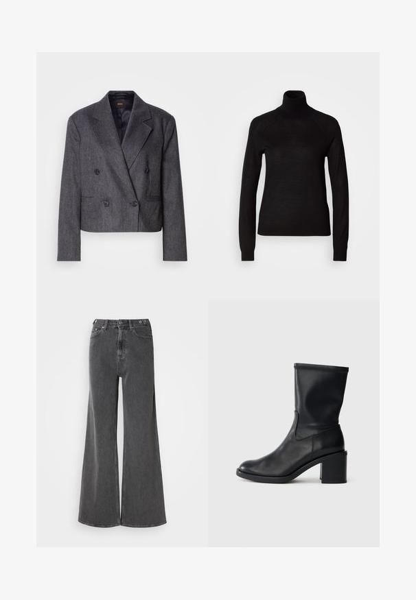 Grauer doppelt üblicher Blazer aus strukturiertem Stoff, mit Reverskragen und zwei vorderen Taschen. Verfügt über schwarze Knöpfe und ein tailliertes Design.; Schwarzer Rollkragenpullover aus leichtem Strickmaterial. Mit langen Ärmeln und einer figurbetonten Silhouette mit Raglanärmeln.; Breite Jeans aus verwaschenem schwarzen Denim mit hoher Taille, zwei vorderen Taschen und Metallknopfverschlüssen. Glatte Struktur, minimalistische Details.; Schwarze Leder-Ankle Boots mit runder Zehenform, glatter Oberfläche und dicker Absatz, ausgestattet mit einem eng anliegenden Schaft und subtilen Nähten.