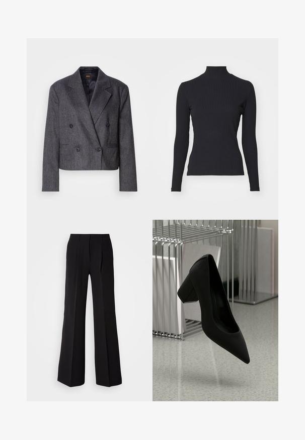 Blazer gris de doble botonadura con tejido texturizado, solapas de pico y dos bolsillos frontales. Presenta botones negros y un diseño cropped.; Top negro de cuello alto con costillas y mangas largas. Fabricado con una tela elástica con forma ajustada y cuello alto. Diseño simple sin adornos.; Pantalones negros de tejido suave, con cintura alta, silueta de pierna ancha y dos pliegues frontales para añadir detalle de diseño.; Zapato de tacón alto negro con punta afilada y tacón grueso, hecho de cuero texturizado, suspendido sobre un suelo liso.