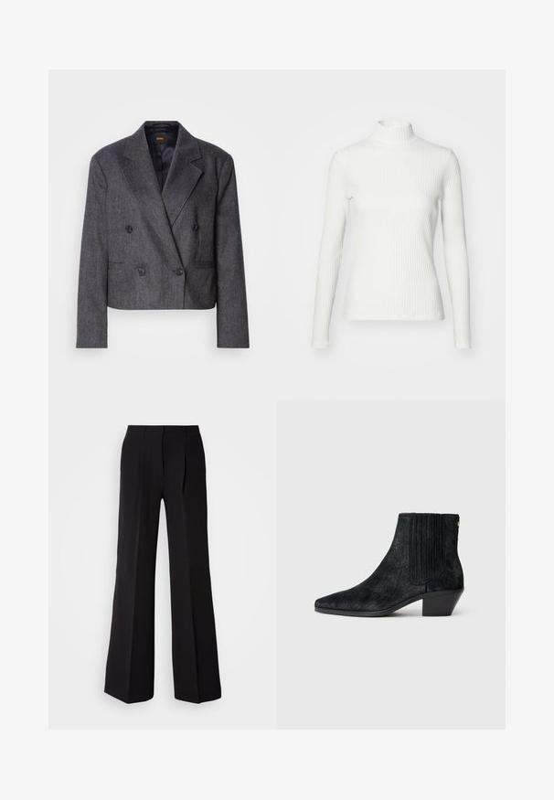 Grijze double-breasted blazer van een structuurstof, met notch-lapels en twee voorzakken. Bevat zwarte knopen en een cropped design.; Witte geribbelde coltrui met lange mouwen, gemaakt van rekbare stof. Heeft een getailleerd ontwerp en een hoge halslijn voor bedekking.; Zwarte broeken van soepele stof, met een hoge taille, wijde pijpen en twee plooien aan de voorkant voor extra ontwerpelementen.; Zwarte enkelboot met een spitse neus, textuur die lijkt op haar, ribbelpaneel aan de zijkant en een lage blokhak. Eenvoudig en modern ontwerp.