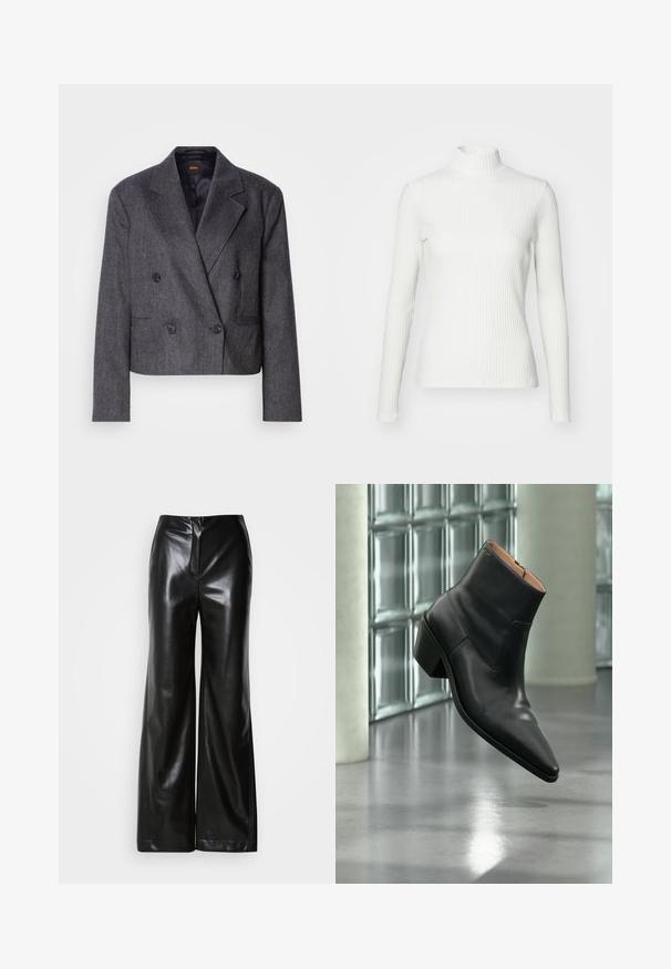 Grå doublé blazer med tekstureret stof, med spidse klapper og to forlommer. Udstyret med sorte knapper og et cropped design.; Hvid ribbet turtleneck blouse med lange ærmer, lavet af elastisk stof. Har et tætsiddende design og høj hals for god dækning.; Sorte læder bukser med bred ben, glat tekstur, høj talje og skjult lynlås foran. Skræddersyet pasform med en ren finish.; Sort læderankelstøvle med spids tå og blokhæl, der svæver over en reflekterende grå gulv nær en væg af glasblokke.
