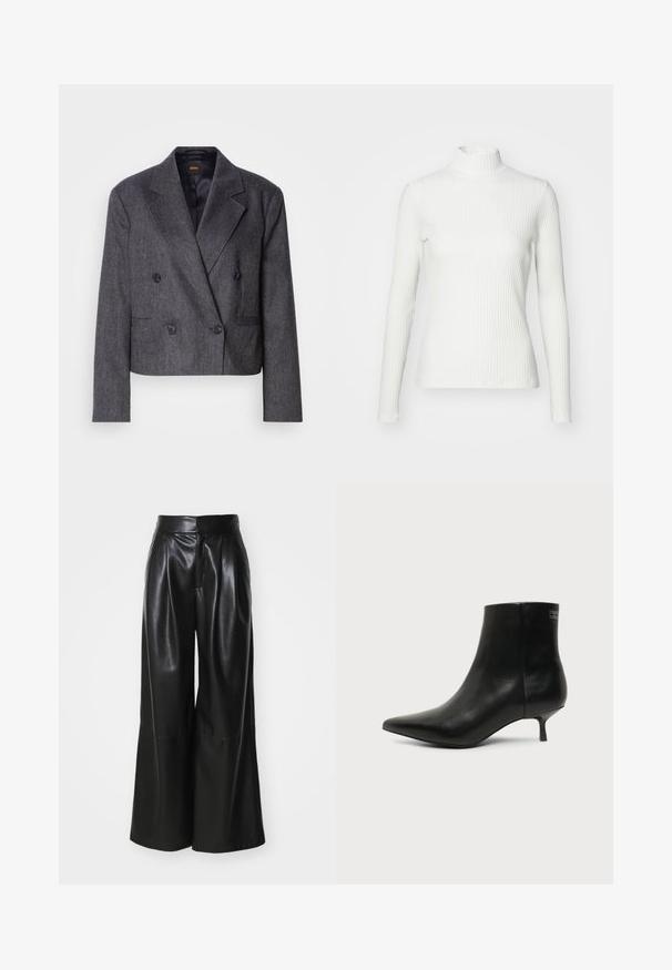 Grijze double-breasted blazer van een structuurstof, met notch-lapels en twee voorzakken. Bevat zwarte knopen en een cropped design.; Witte geribbelde coltrui met lange mouwen, gemaakt van rekbare stof. Heeft een getailleerd ontwerp en een hoge halslijn voor bedekking.; Zwarte faux leren broek met wijde pijpen en hoge taille, met geplooid voorpand en een gladde textuur. Heeft een schoon, minimalistisch ontwerp.; Zwart leren enkellaars met puntige neus en lage kittenhak op lichte achtergrond, zijaanzicht buitenkant.