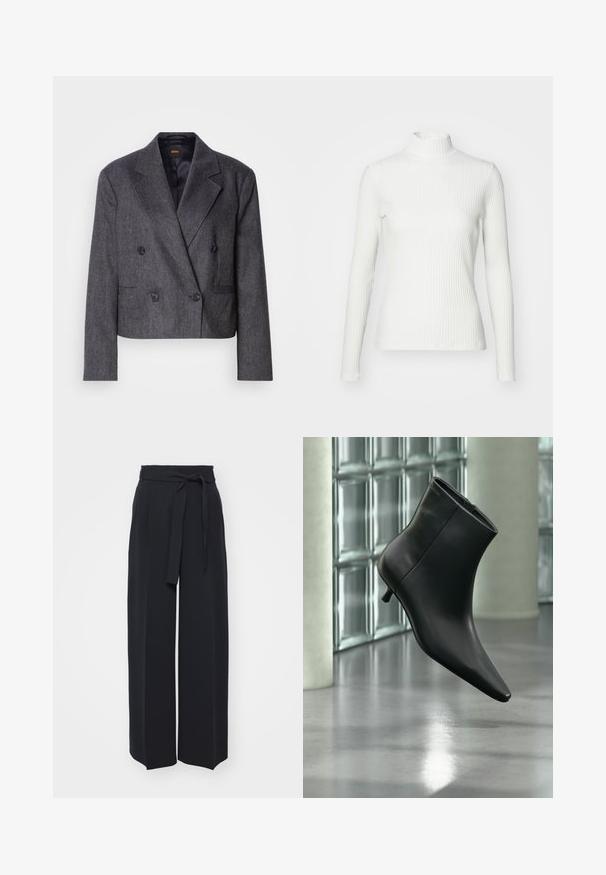 Grijze double-breasted blazer van een structuurstof, met notch-lapels en twee voorzakken. Bevat zwarte knopen en een cropped design.; Witte geribbelde coltrui met lange mouwen, gemaakt van rekbare stof. Heeft een getailleerd ontwerp en een hoge halslijn voor bedekking.; Zwarte wijde broek van zachte stof. Voorzien van een ceintuur en plooien aan de voorkant. Glad textuur met een strakke, hedendaagse stijl.; Zwarte leren enkellaars met spits toelopende neus en lage kittenhak, schuin weergegeven tegen een gepolijste vloer en een glazen blokken muur als achtergrond.